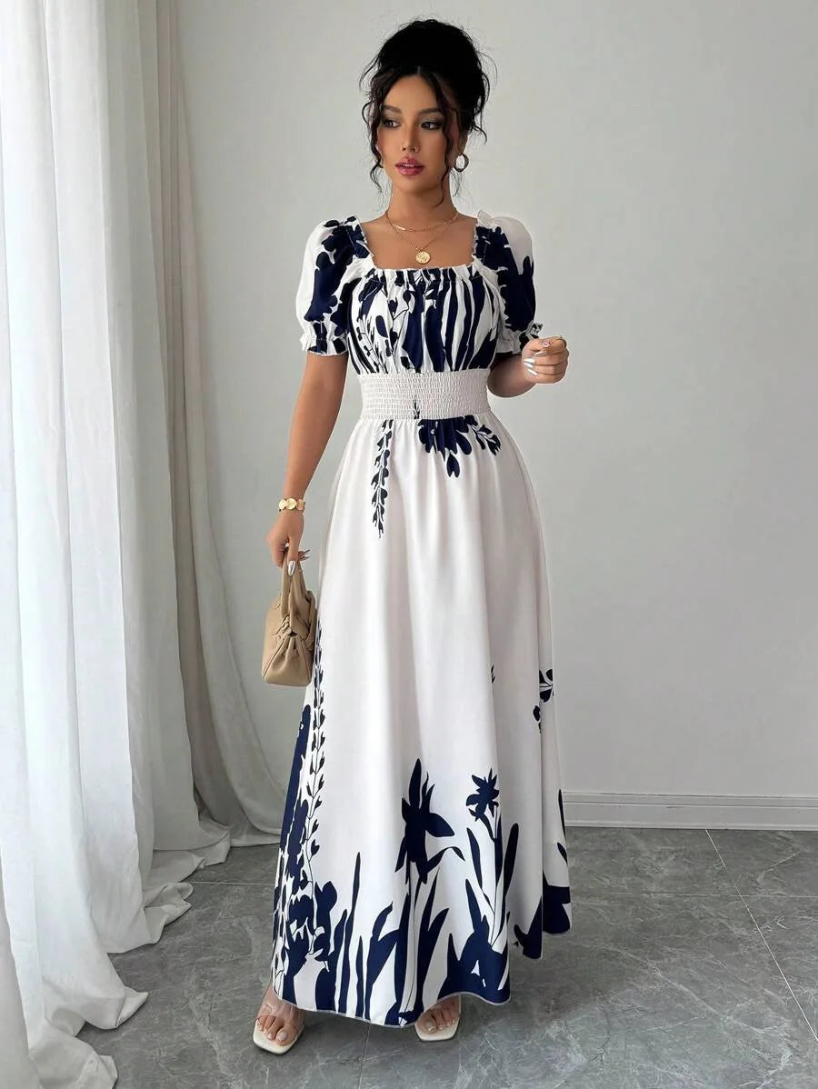 BKLD Women Clothing Summer Floral Print Dress Short Sleeve Square Collar Beach Holiday Outfits Waist Ruched Long Dresses Party