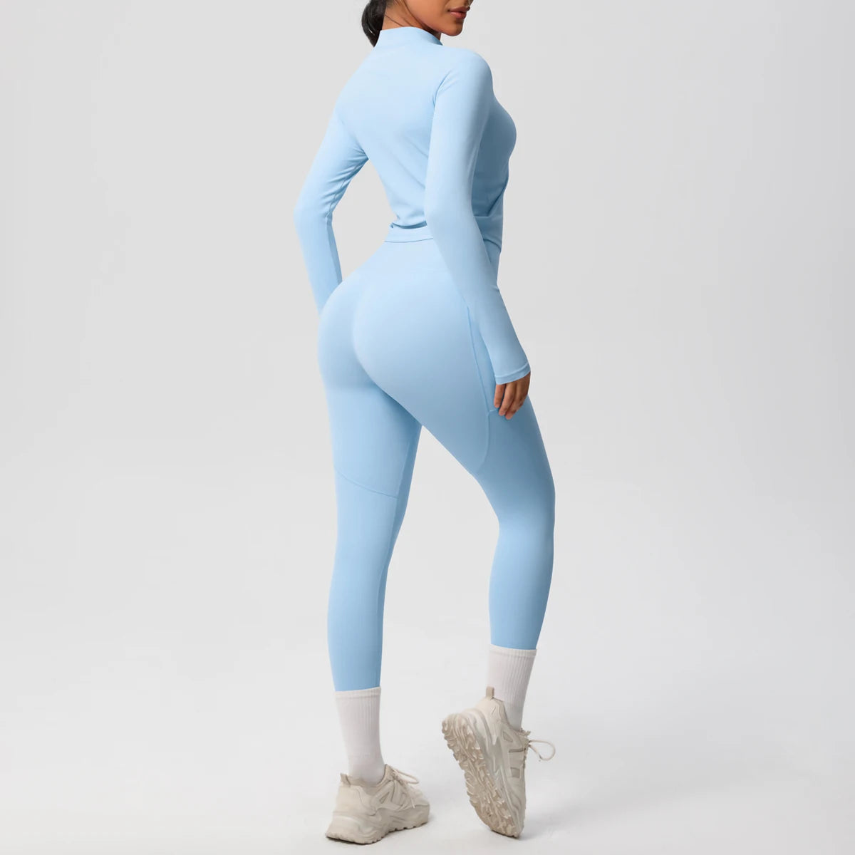 2PCS Yoga Suit Women Gym Set Leggings With Pocketed Women Tracksuit Running Zipper Workout Sportswear Long Sleeve Sports Shirt
