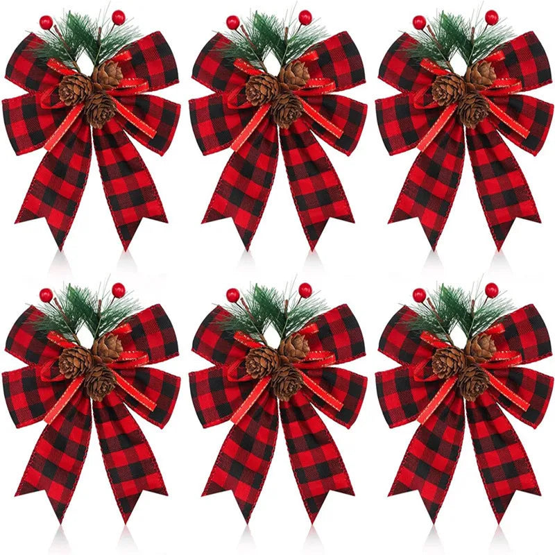 ChristmasBows Buffalo Plaid Checkered Ribbon Bow with Pine Cone Christmas Tree Decoration for Xmas Parties Trees Indoor Crafts