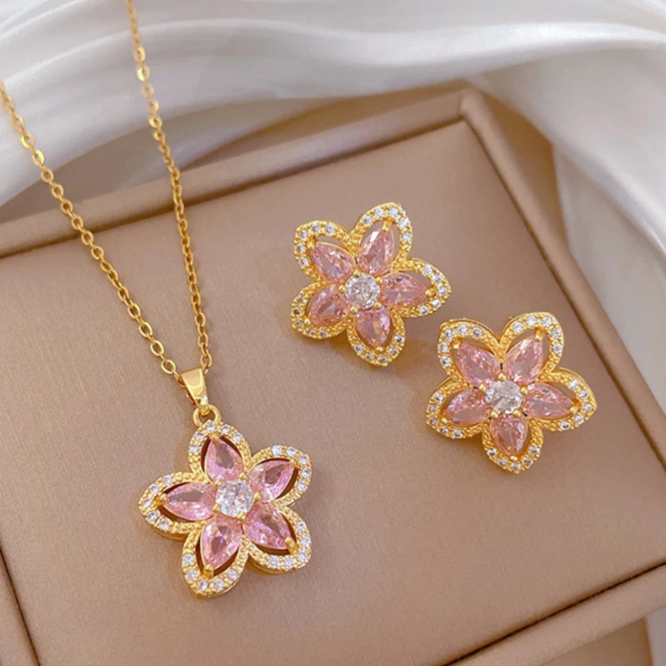 ZAKOL Stainless Steel Chain Luxury Sweet Pink Crystal Flower Necklace Stud Earrings Jewelry Set Accessories Gifts for Women