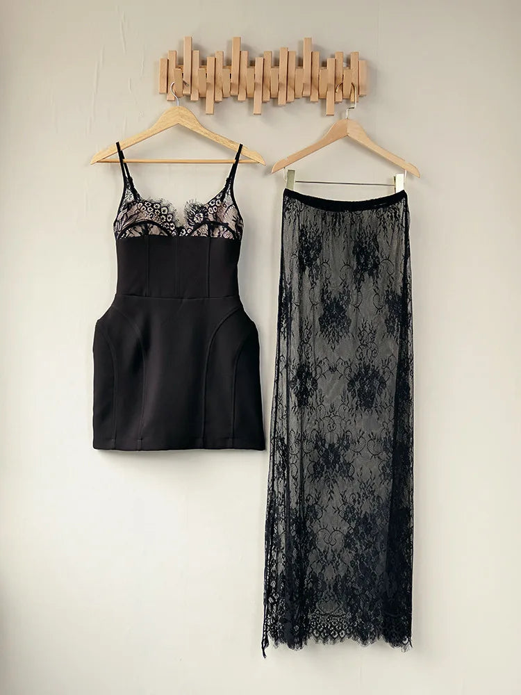 BKLD Two Piece Outfits Women 2026 Summer Vintage Black Sexy Strappy Dress And Lace Sheer Long Skirts Casual Sets Party Clubwear