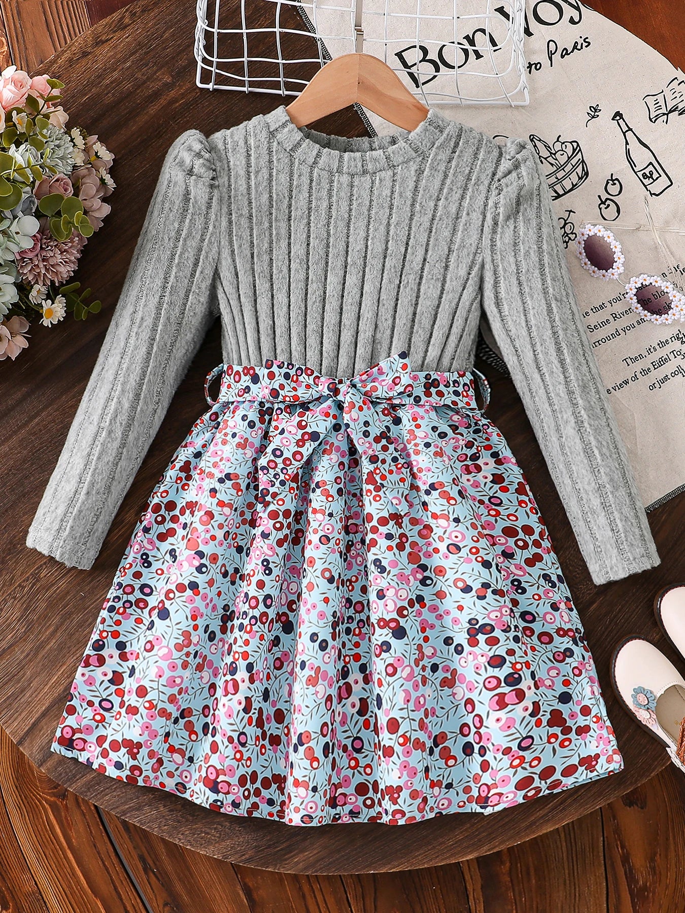 Spring and Autumn Girls' Simple Casual Versatile Knitted Round Neck Long-Sleeved Floral Dress Girls' Daily Casual Dress