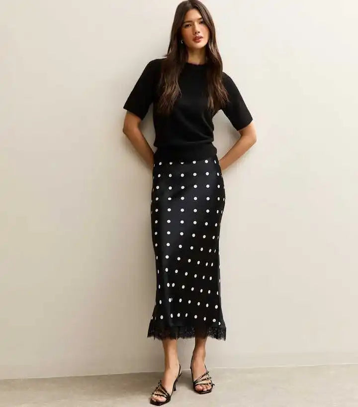 Elegant Polka Dot Skirt For Women Casual High Waist Satin Silk Patchwork Lace Midi Skirts 2026 Y2k Vintage Female Streetwear