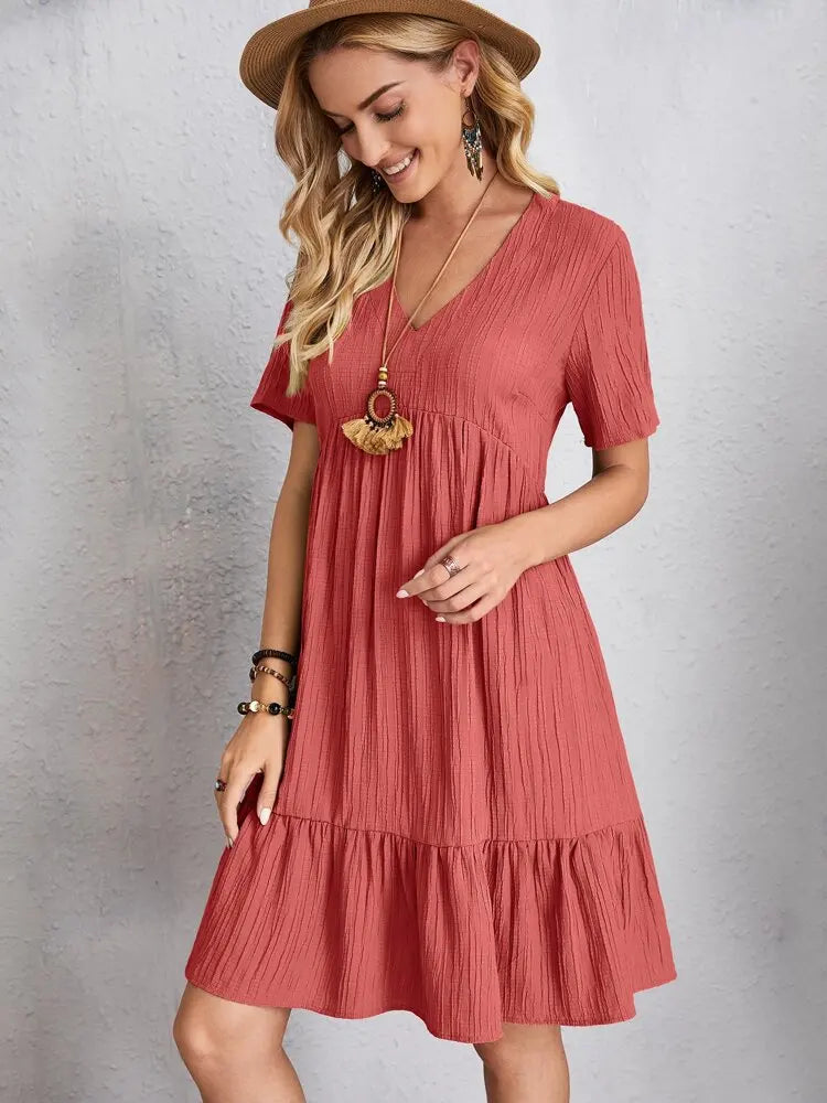 Women Elegant V Neck Ruffles Mini Dress Summer Vintage Solid Loose Sundress Bohemian Casual Solid Beach Party Vestidos