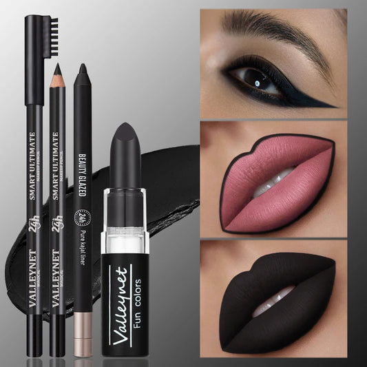 [Dark Punk Makeup Set] 3pcs Dark Makeup Set,Matte Black Lipstick,Lip Liner,Long Lasting Waterproof Eyeliner & Smoky|Halloween