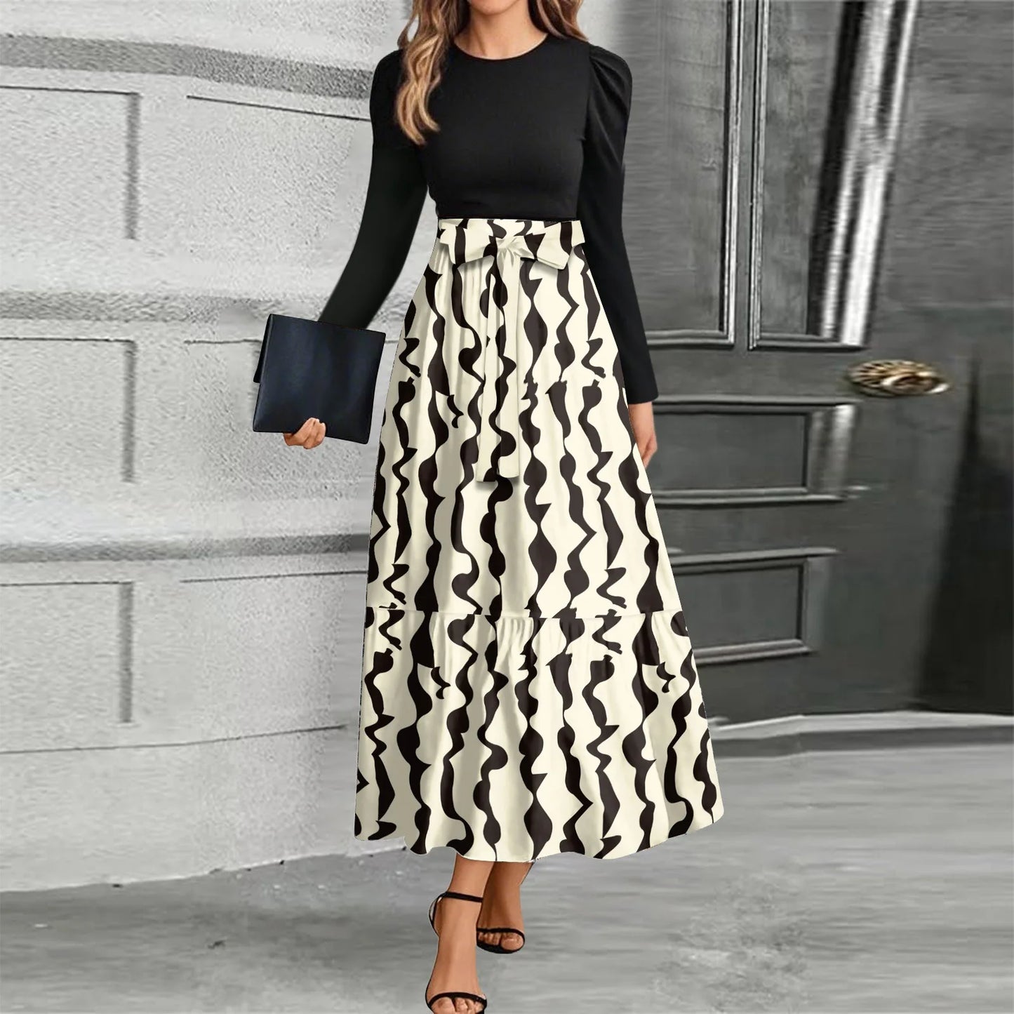 Printed High-Waist Long Sleeve Maxi Dress – O-Neck 2026