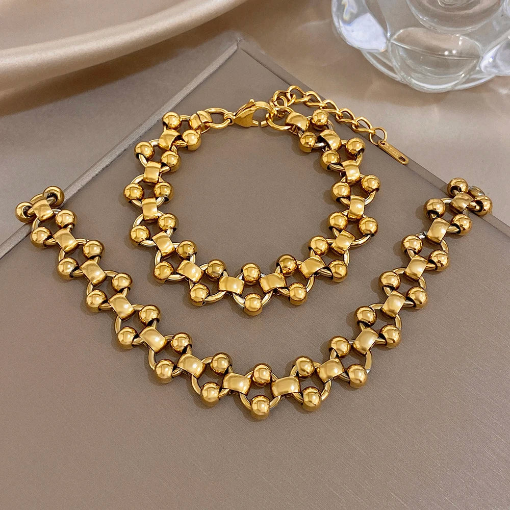 Chunky Stylish 18k Gold Plated Stainless Steel Necklace Bracelet Gold Color Thick Chain High Quality Fashion Jewelry