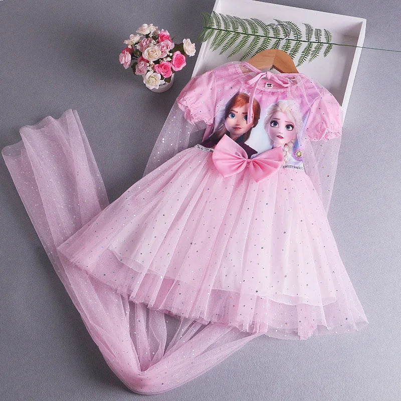 Disney Elsa Princess Dress with Cape Girls Dress Summer Kids Short Sleeve for Children's  2-8Y