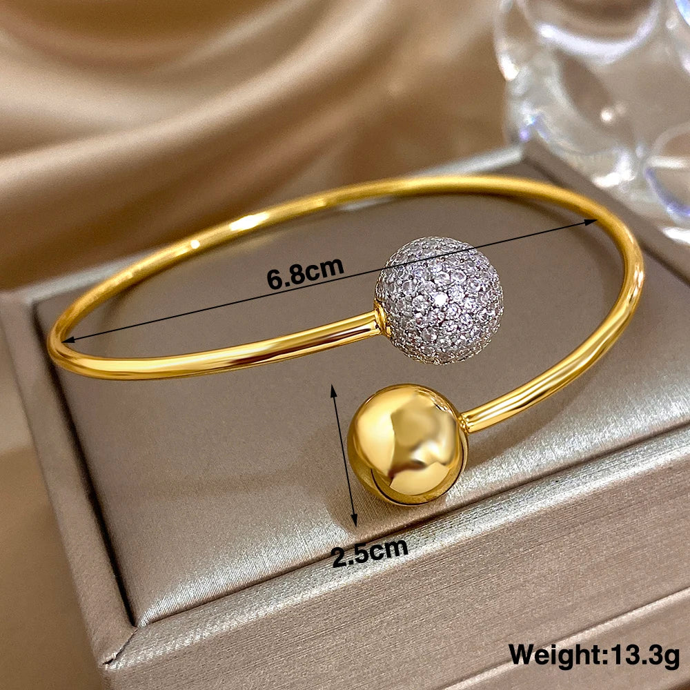 Fashion Design Chic Gold Color Inlaid Rhinestone Ball Stainless Steel Open Bracelet Bangle Statement Jewelry High Quality Gift