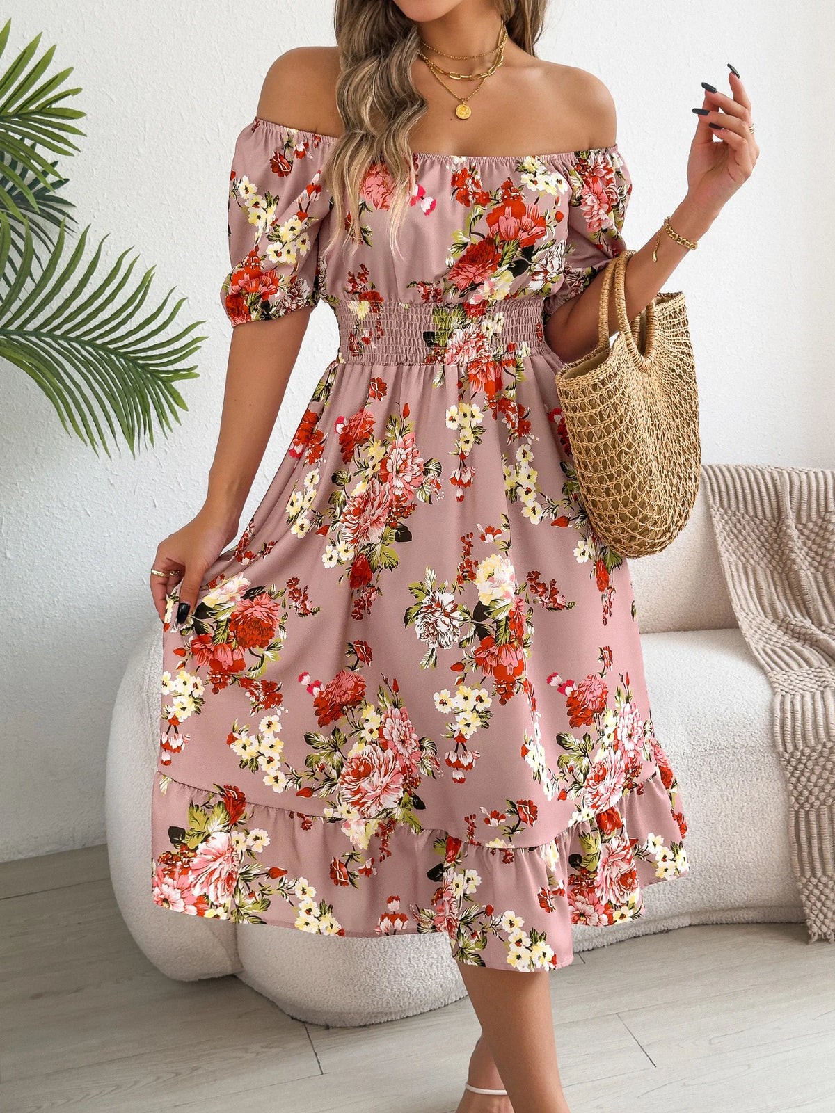 Elegant Floral Print Dresses for Women 2026 Spring Summer Casual Square Neck Short Sleeve Waist Cinching A Line Ruffled Dress