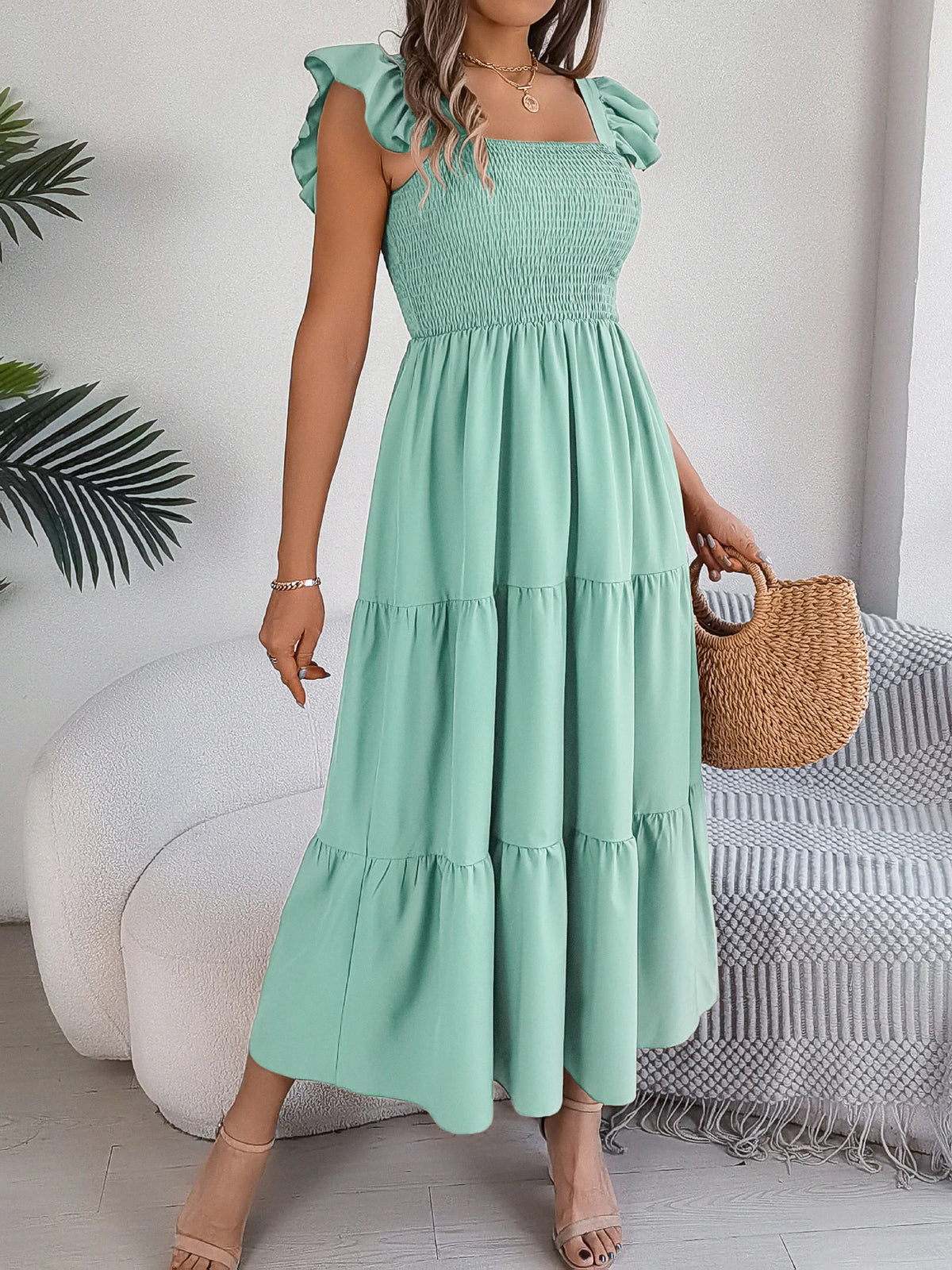 Spring Summer Solid Color Edible Tree Fungus Edge Square Neck Sleeveless Holiday Dress Elegant Long Dresses for Women Rose Blue