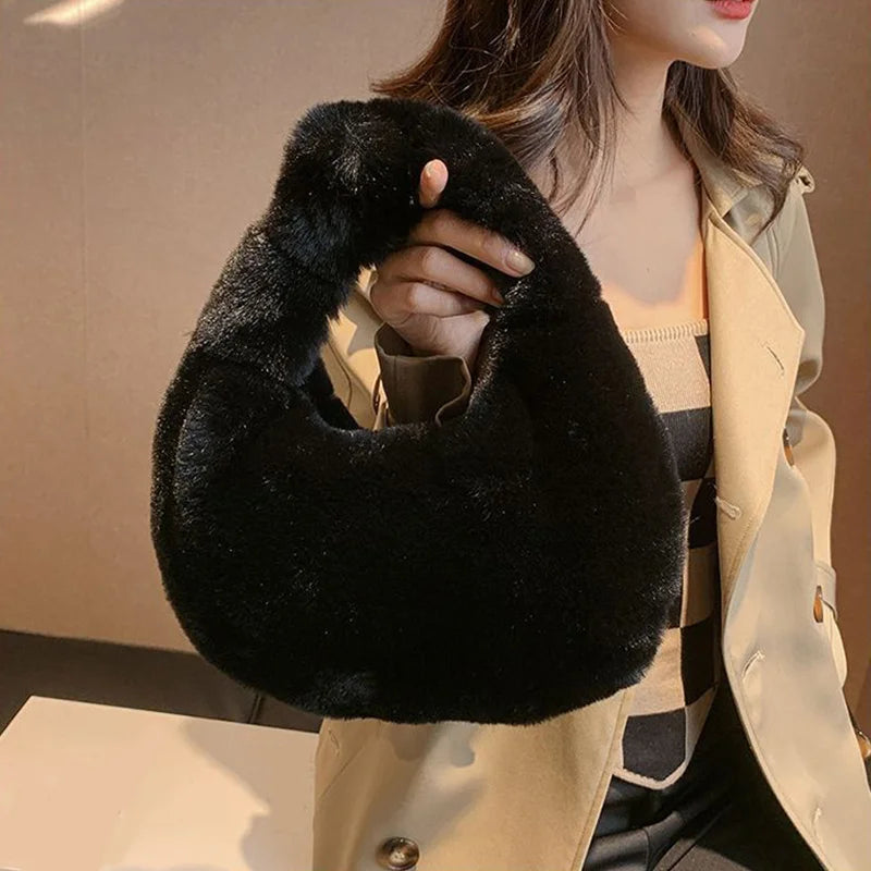 Solid Color Plush Dumpling Bag Simple Style Niche Design Faux Fur Handbag Tote Small Women's Underarm Hobo Bag
