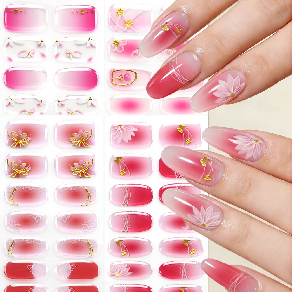 16Tips Gradient Semi Cured Gel Nail Strips Blush Flower Design Full Wrap Nail Decals French Gold Lines Gel Nail Polish Sticker