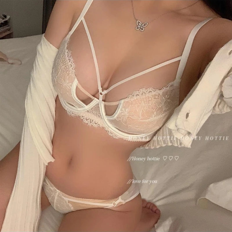 32-38 AB Sensual French Sheer Push Up Bra Large Bust See Through Lace Lingerie Set, Slimming Support Bra Comfort Wireless MOYISU