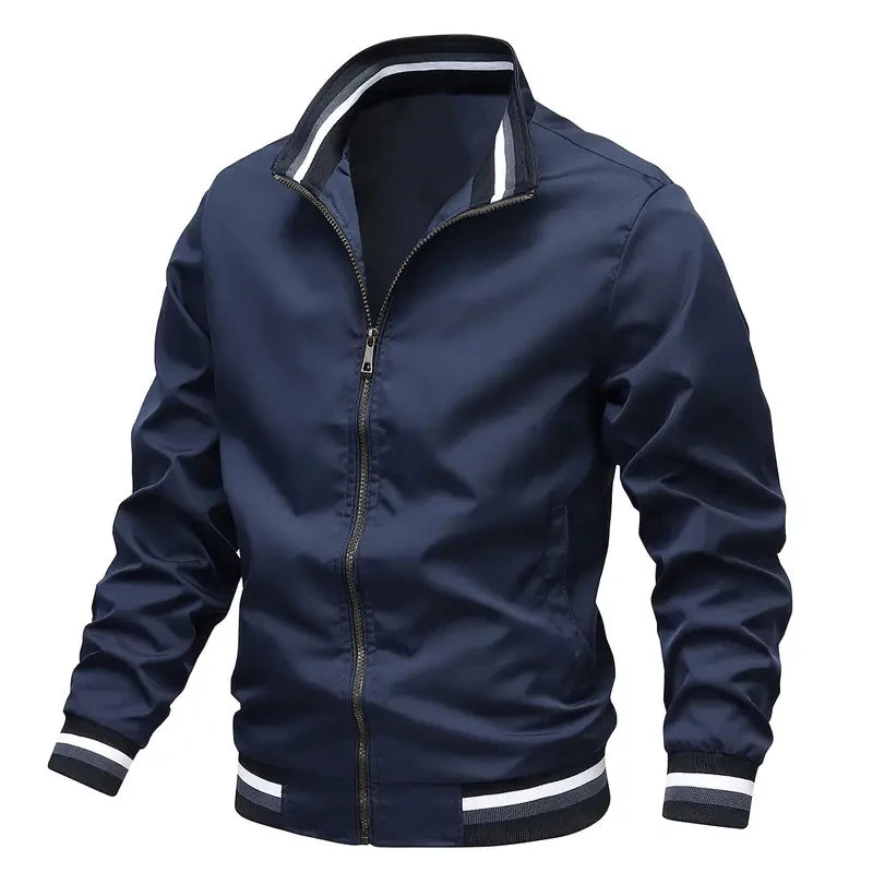 New Autumn and Winter Men's Windproof Stand Up Collar Jacket, Men's Stand Up Collar Striped Collar Casual Top No Velvet Sports F