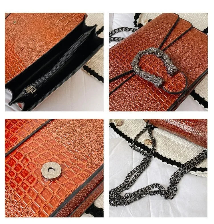 Women's Crocodile Embossed Square Shoulder Bag – Elegant & Trendy for Daily Use | حقيبة كتف نسائية بنقشة جلد التمساح – أنيقة وعصرية للاستخدام اليومي