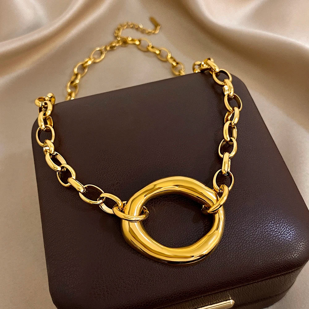 Golden 316L Stainless Steel Irregular Hollow Round Pendant Necklace for Women Statement Thick Chain High Quality Jewelry Gift