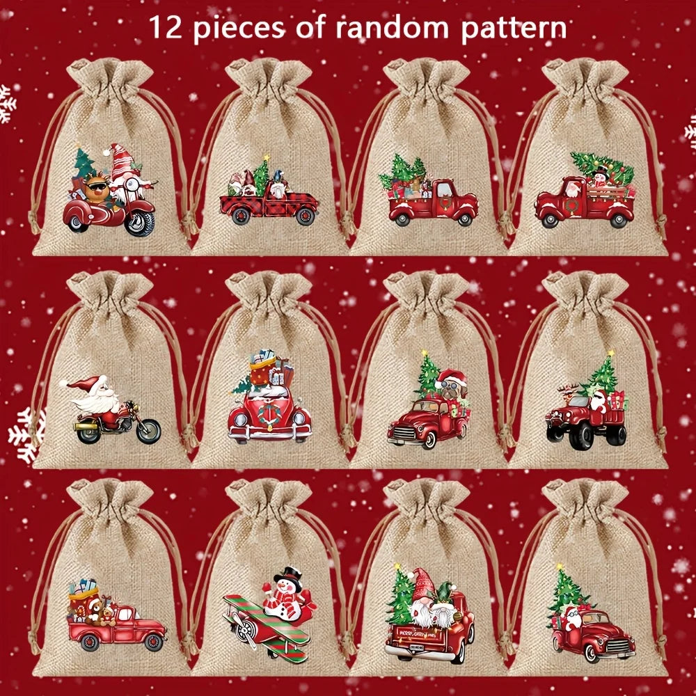 12Pcs Retro Red Truck Christmas Drawstring Pockets, Various Christmas Element Carriers, Painted and Printed Fabric Small Bags