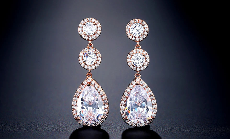 ZAKOL Luxury Zircon Wedding Long Dangle Earrings Round Water Drop AAA CZ Bridal Wedding Jewelry for Women