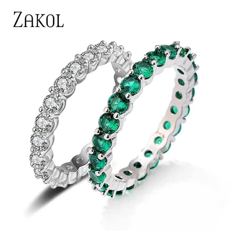ZAKOL Fashion Round White Green Cubic Zirconia Wedding Rings for Women Girl Party Jewelry Birthday Gift RP189