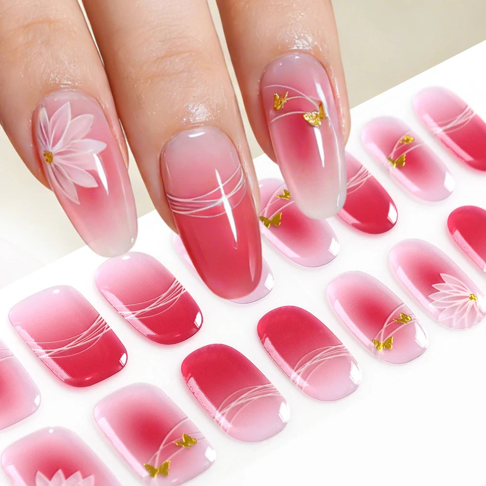 16Tips Gradient Semi Cured Gel Nail Strips Blush Flower Design Full Wrap Nail Decals French Gold Lines Gel Nail Polish Sticker