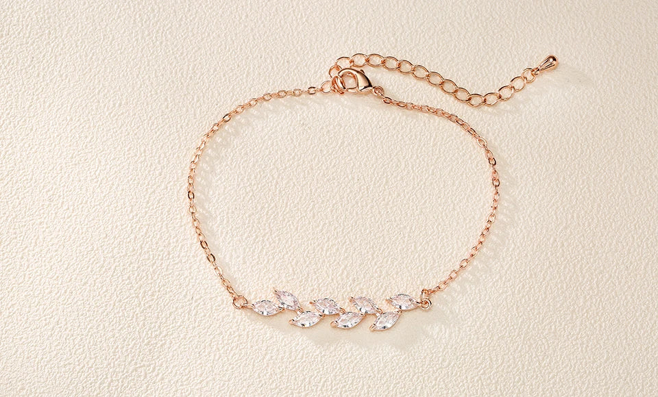 ZAKOL Exquisite Leaf Cubic Zirconia Charm Chain & Link Bracelets for Women Girls Three Colors Bridal Wedding Jewelry