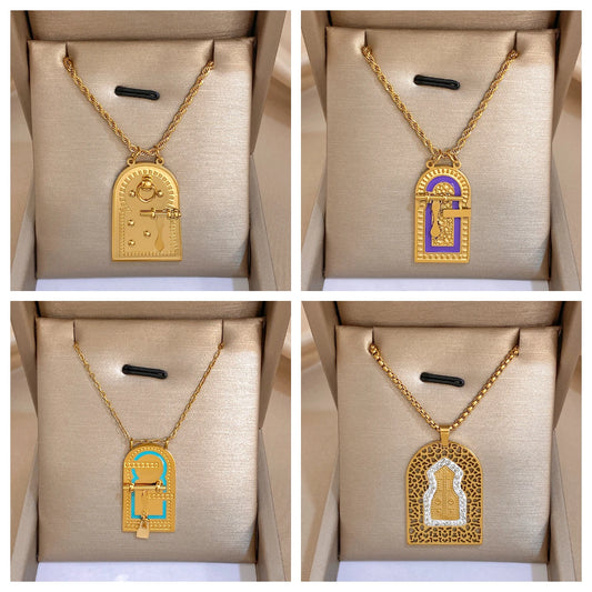 New Fashion Women's Stainless Steel Necklace Vintage Creative Design Chic Enamel Door Shaped Pendant Gold Color Chain Jewelry