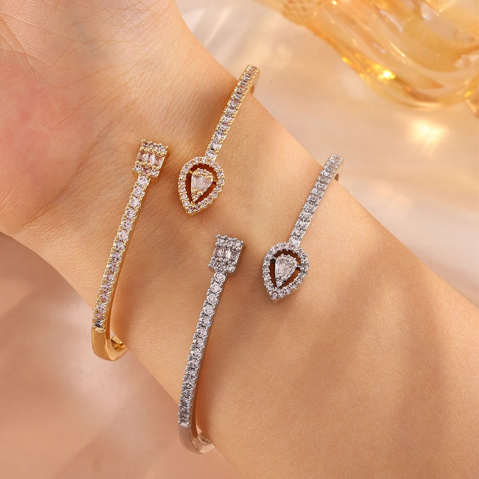 ZAKOL Classic Geometric Water Drop Square Zircon Adjustable Open Bracelets Shiny CZ Cuff Bangle Wedding Party Jewelry Gift