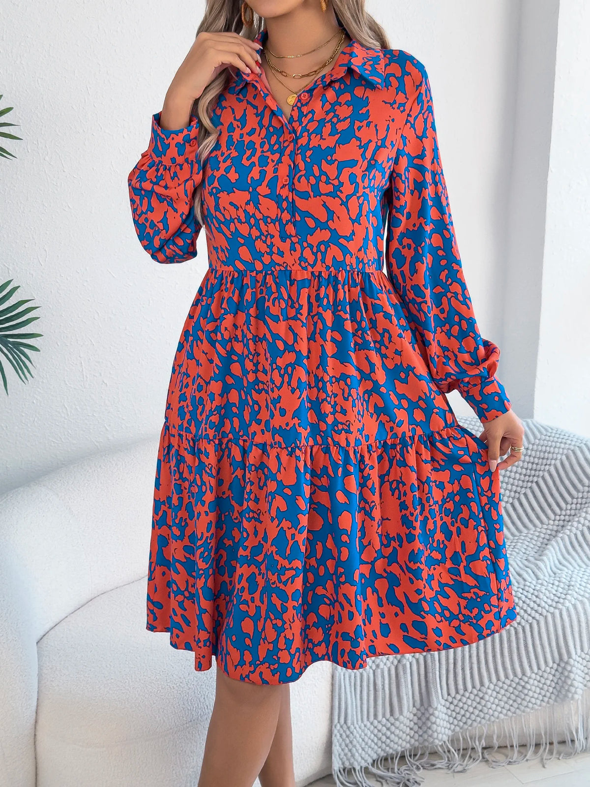Spring Autumn Casual Vacation Single Breasted Turn Down Collar Long Sleeved Leopard Print Dresses for Women