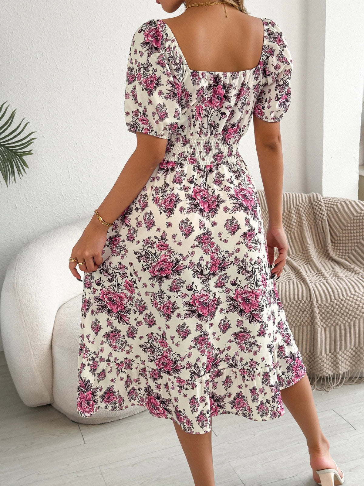 2026 Fashion Floral Print Dress for Women Spring Summer Casual Square Neck Short Sleeve Ruffled Long Dresses Woman Clothing