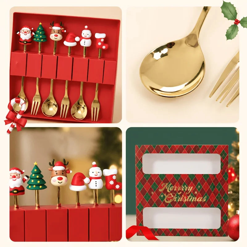 6Pcs Festive Christmas Spoon Fork Set with Gift Box,Golden Stainless Steel Coffee Tea Dessert Cutlery,Christmas Gift for Holiday