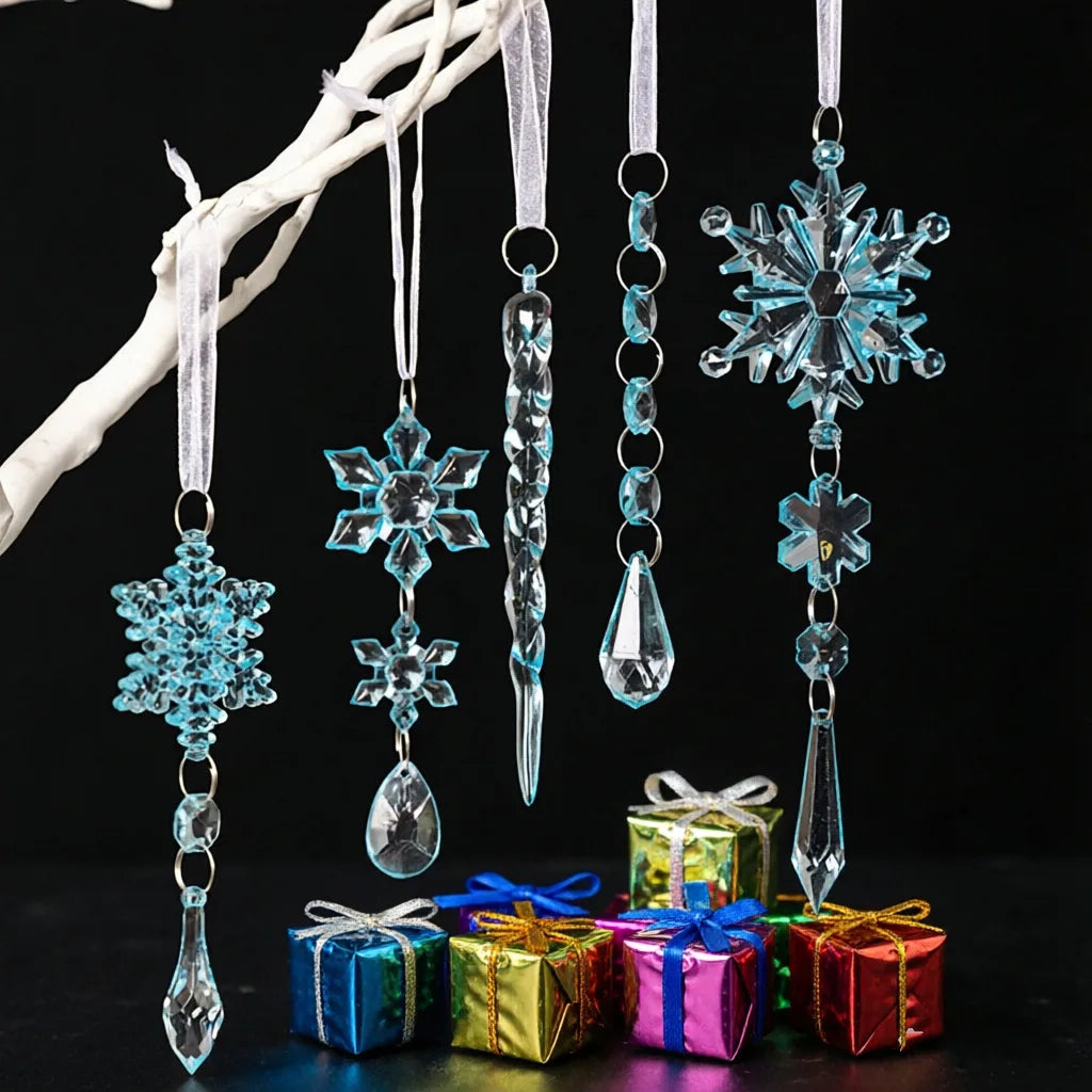 20pcs Christmas Tree Decoration Ornaments, Hanging Acrylic Snowflake Icicle Drop Clear Christmas Ornaments for Xmas Tree Decor