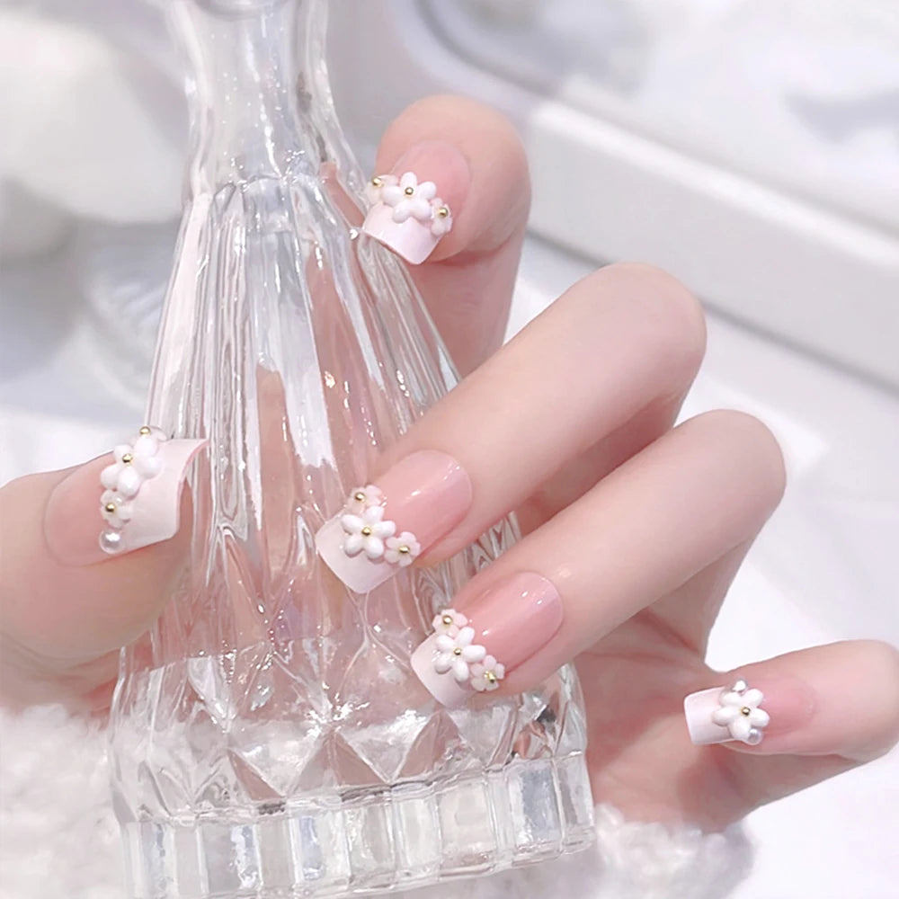 24pcs Medium Long Acrylic Fake Nails 3D Flower Pearl Design Press on Nails Ballerina Full Cover False Nails Tips for Women