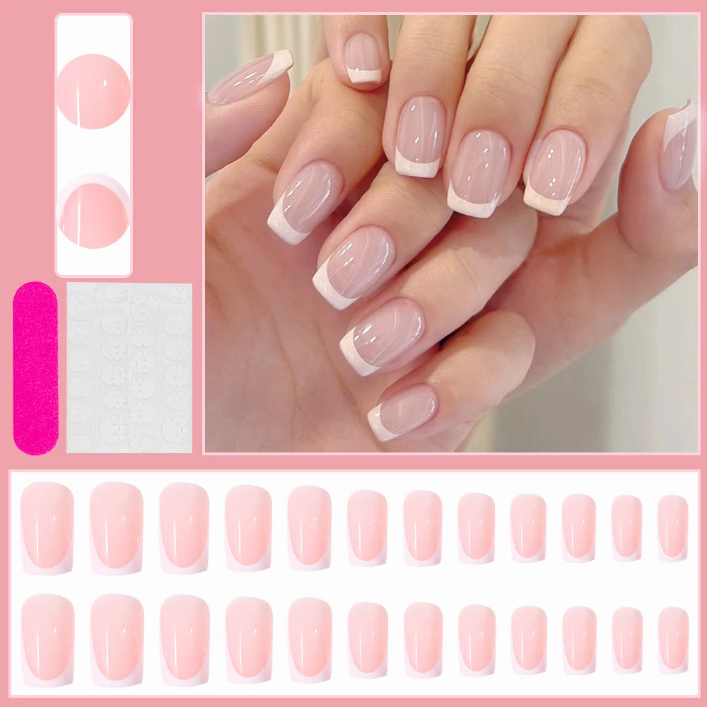 24Pcs White French Press On Nails 3D Bow Design Full Cover Wearable False Nails Short Square Head Ballet Fake Nails For Women