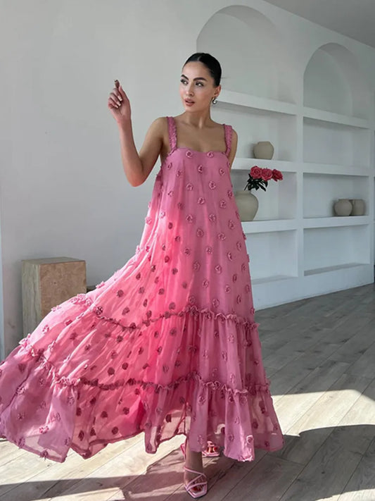 BKLD 2026 Spring Summer New Women Clothing Fashion Flower Patchwork Big Swing Cake Dress Solid Color Spaghetti Strap Dress