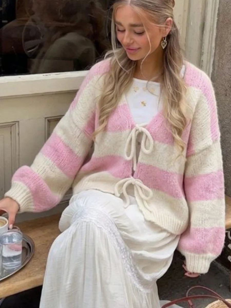 Women's Striped Knitted Sweater Causal V‑Neck Lace‑Up Bow Long Sleeve Loose Soft Warm Cardigan Fashion Autumn WInter Streetwear