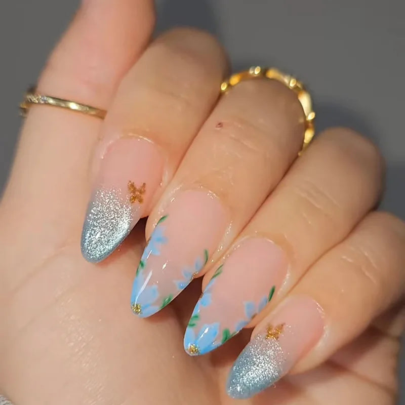 24pcs Flower Butterfly Design False Nail Aurora Cat's Eye Tips Almond Press on Nails Simple Wearable Gradient French Fake Nail