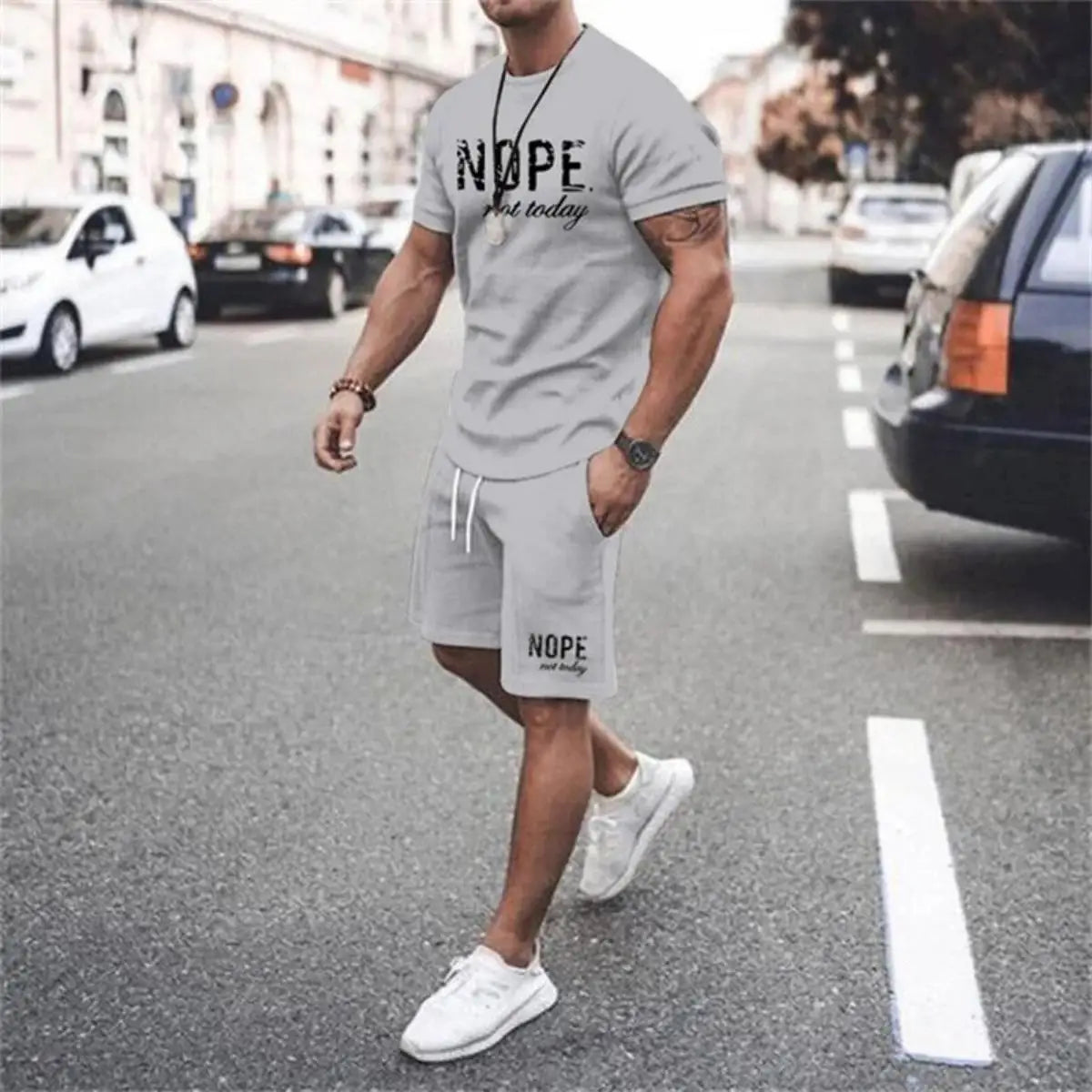Fashionable men's summer new letter printed breathable round neck T-shirt shorts set outdoor quick drying casual clothing