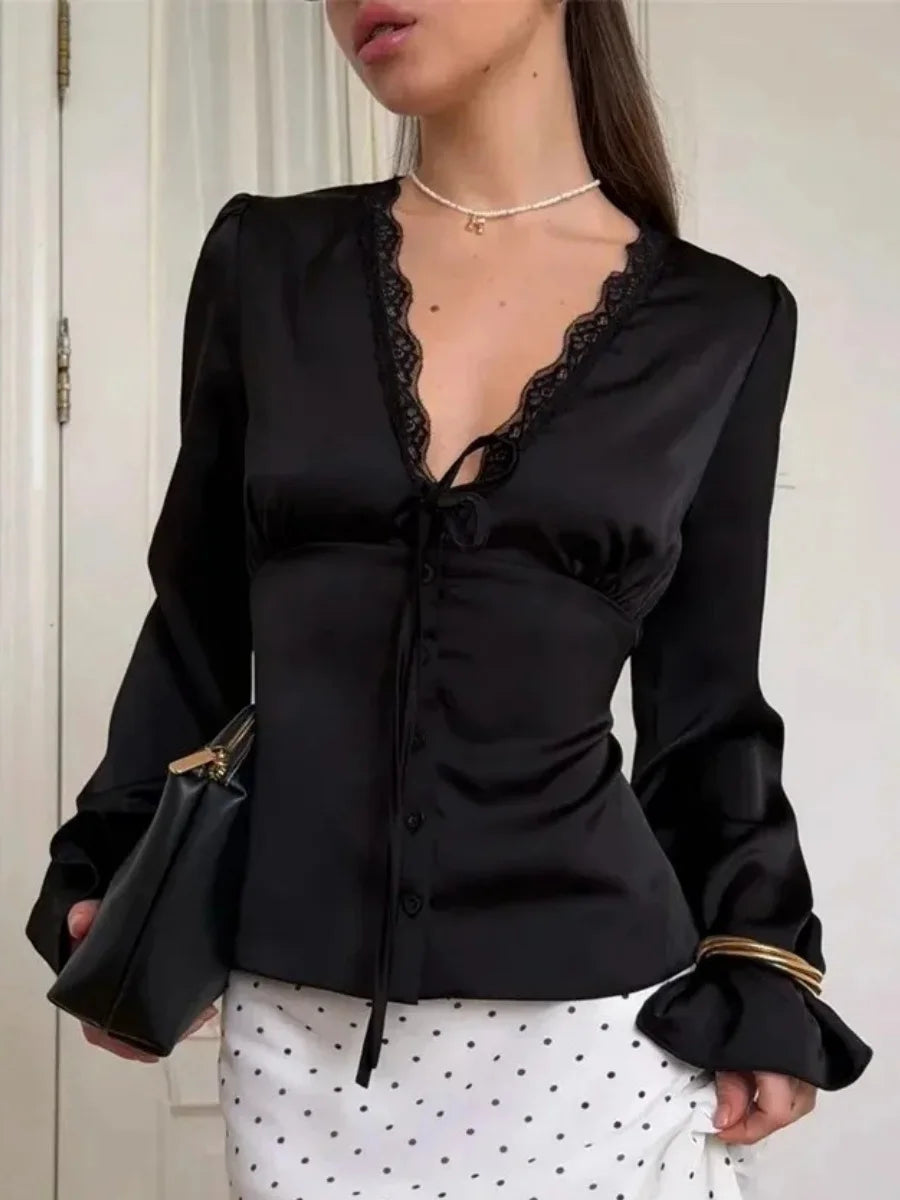 Vintage Lace Patchwork Satin Shirts Women Lace Up Long Sleeve Slim V-Neck Romantic Tops Female Spring Autumn Commute Streetwear