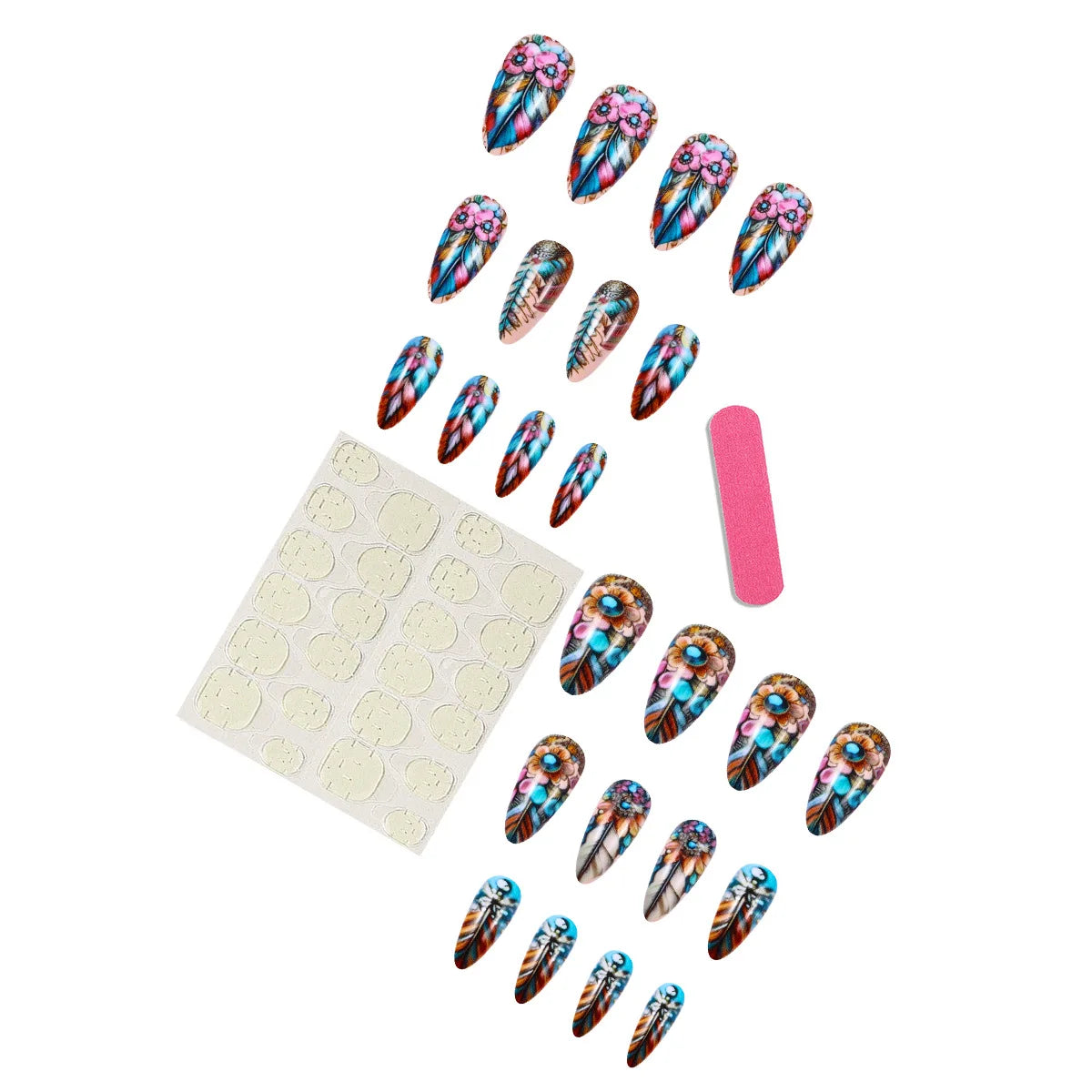 24pcs/set medium long fake nails square ballet nail tips glitters starry sky moon star feather design press on false nail art