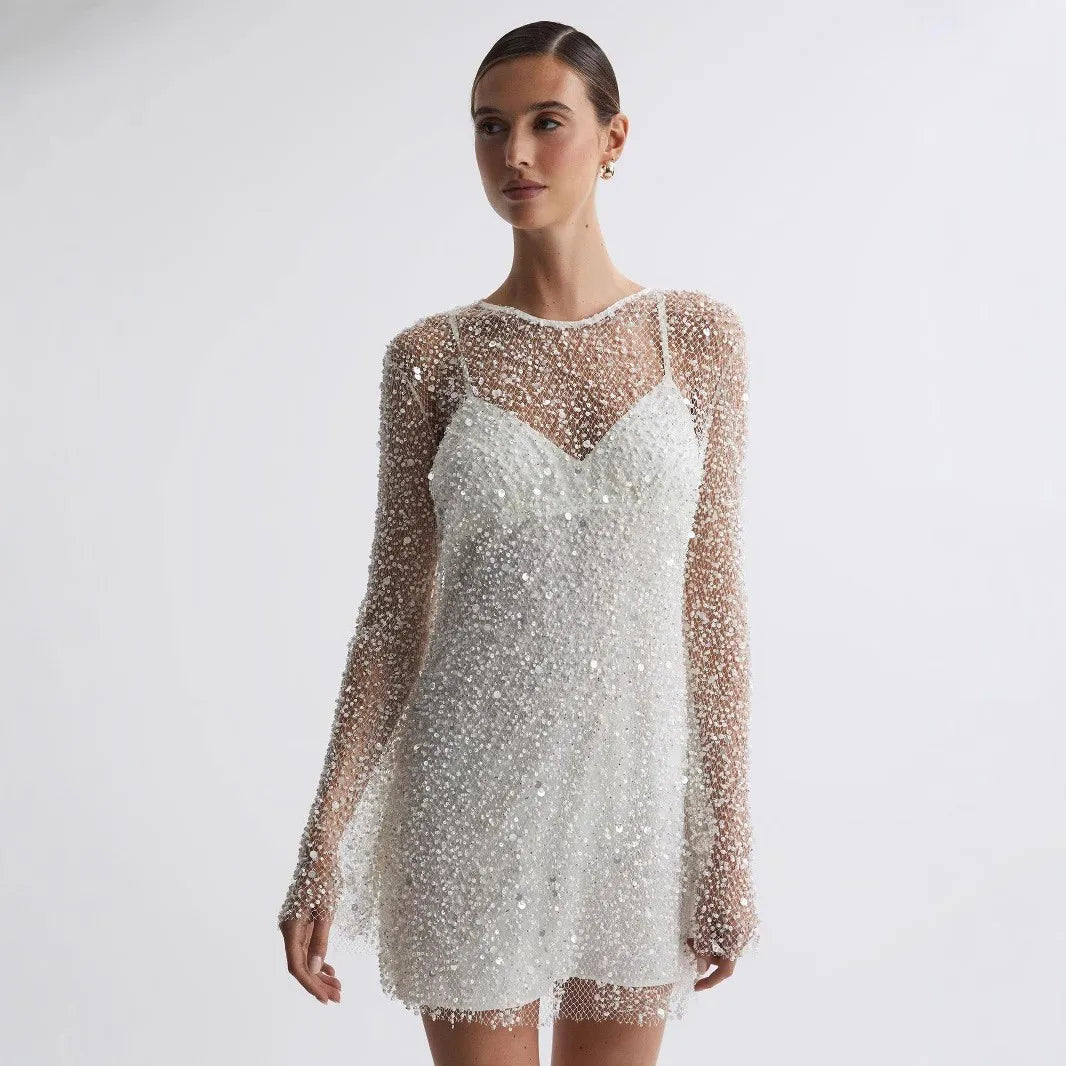 BKLD Christmas Women Sexy Sling Dress And Beading Long Sleeve Cover-Ups 2 Pieces Mini Dress Nightclub Party Wedding Outfits