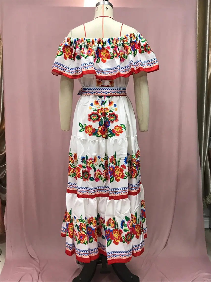 BKLD Elegant Printed Maxi Dress Sexy Off The Shoulder Tie Waist Slim Fit Dress Women Summer Party Vacation Outfits 2026 New