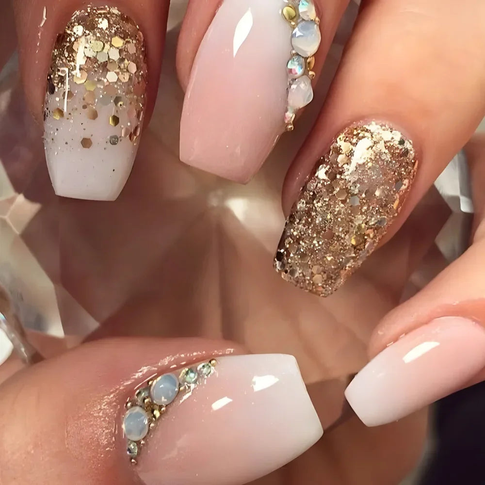 24Pcs Mid-length Fake Nails with Glue Wearable Glitter Press on Nail Detachable French Sweet Butterfly Acrylic Nail Manicure Tip