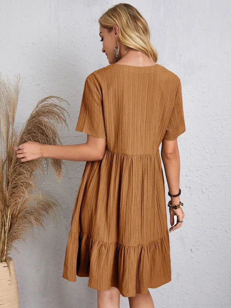 Women Elegant V Neck Ruffles Mini Dress Summer Vintage Solid Loose Sundress Bohemian Casual Solid Beach Party Vestidos