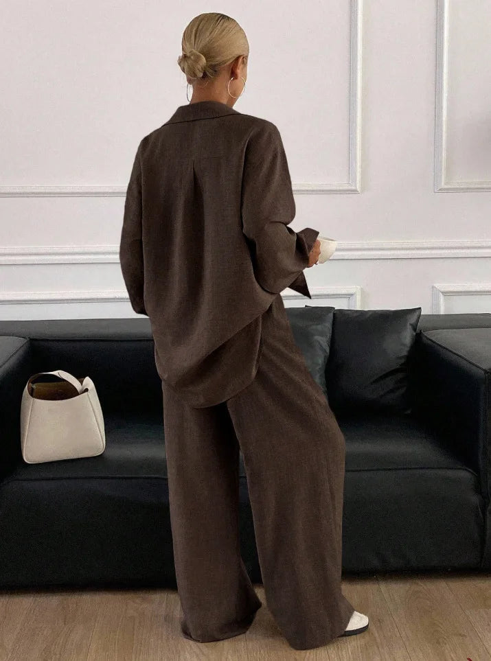 2026 New Women Linen Two Piece Outfit Set Lapel Long Sleeve Button Shirts Elastic Waist Wide Leg Pants Casual Loose Home Suit