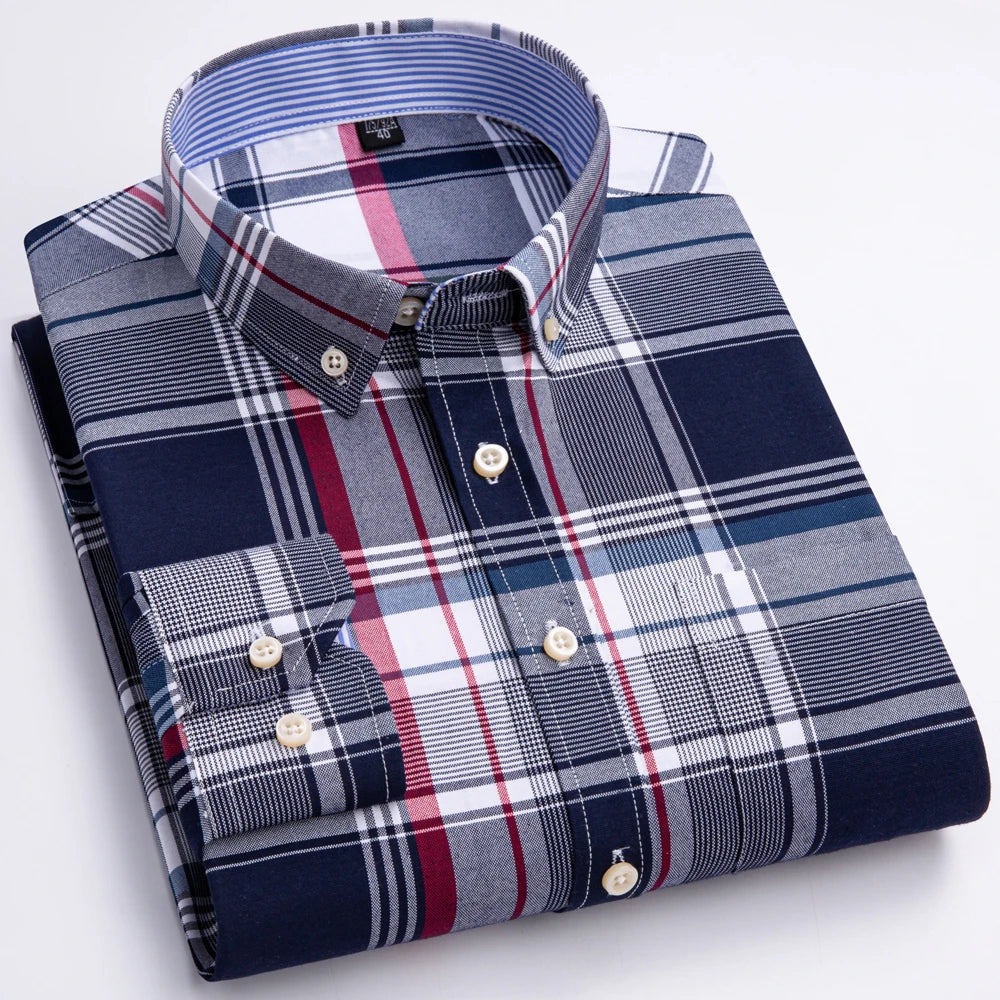 Men's 100% Cotton Contrast Plaid Long Sleeve Oxford Button-Down Shirt with Pocket, Breathable Comfort Regular Fit Casual Wear