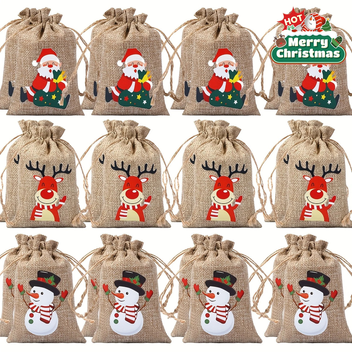 12/24Pcs Pack Christmas Gift Wrapping Bags with Drawstring Closure -for Small Trinkets, Apples, Candies,Gift for Holiday Parties