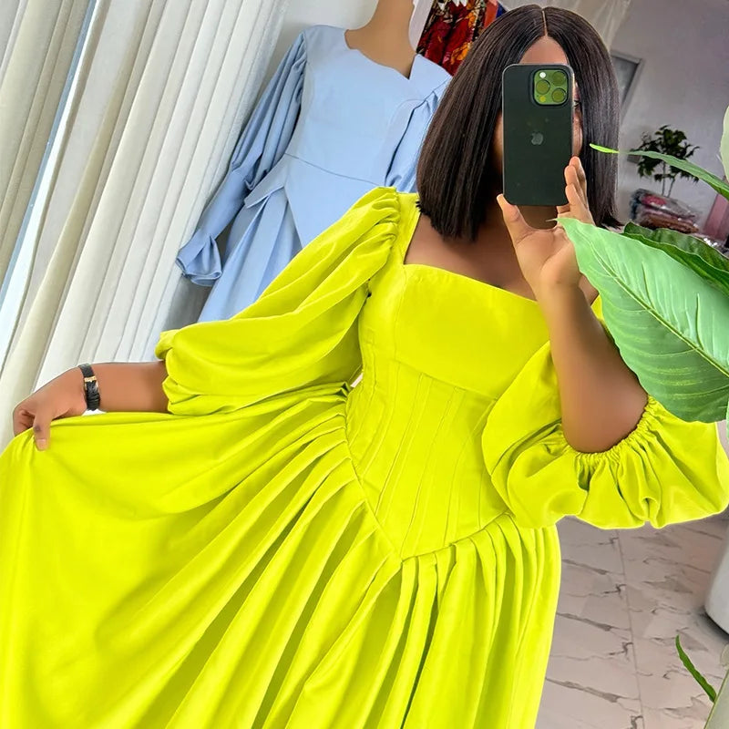 BKLD Elegant Square Collar Lantern Sleeve Solid Color Sexy A-Line Long Dresses Spring Women Club Outfits Birthday Party Vacation