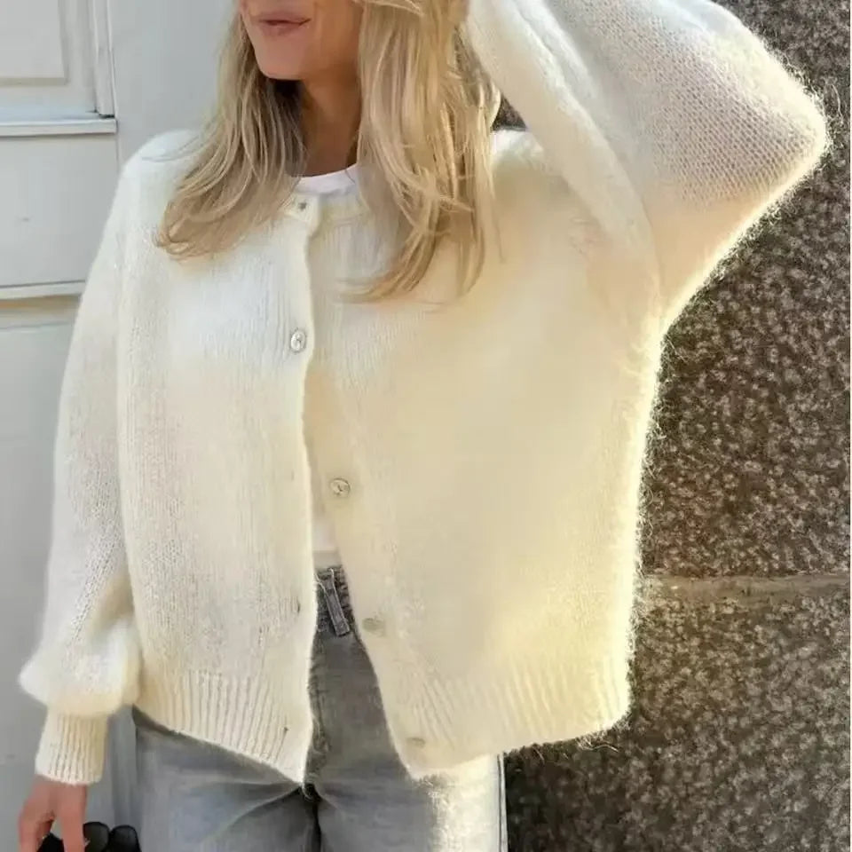 Women Mohair Knit Cardigan O Neck Elegant Lantern Long Sleeve Oversized Loose Fluffy Sweater Coat Autumn Winter Casual Knitwear