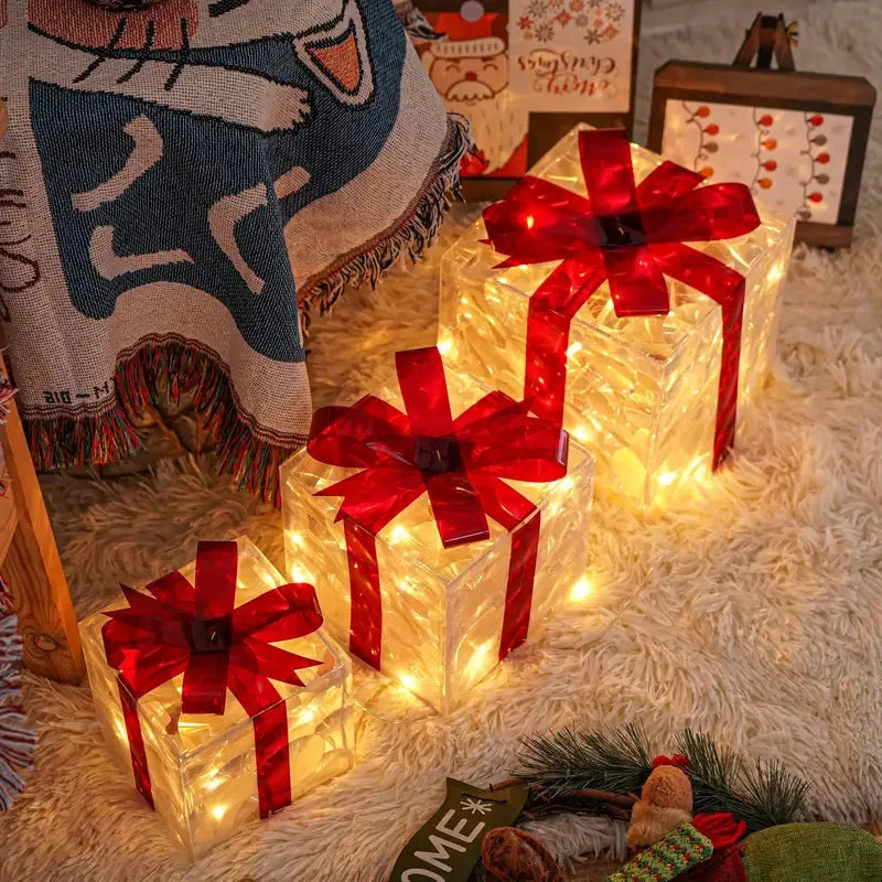 3Pcs Christmas Lighted Gift Boxes LED Light-Up Present Boxes Christmas 3-Color Xmas Gift Boxes Christmas Tree Skirt Ornaments